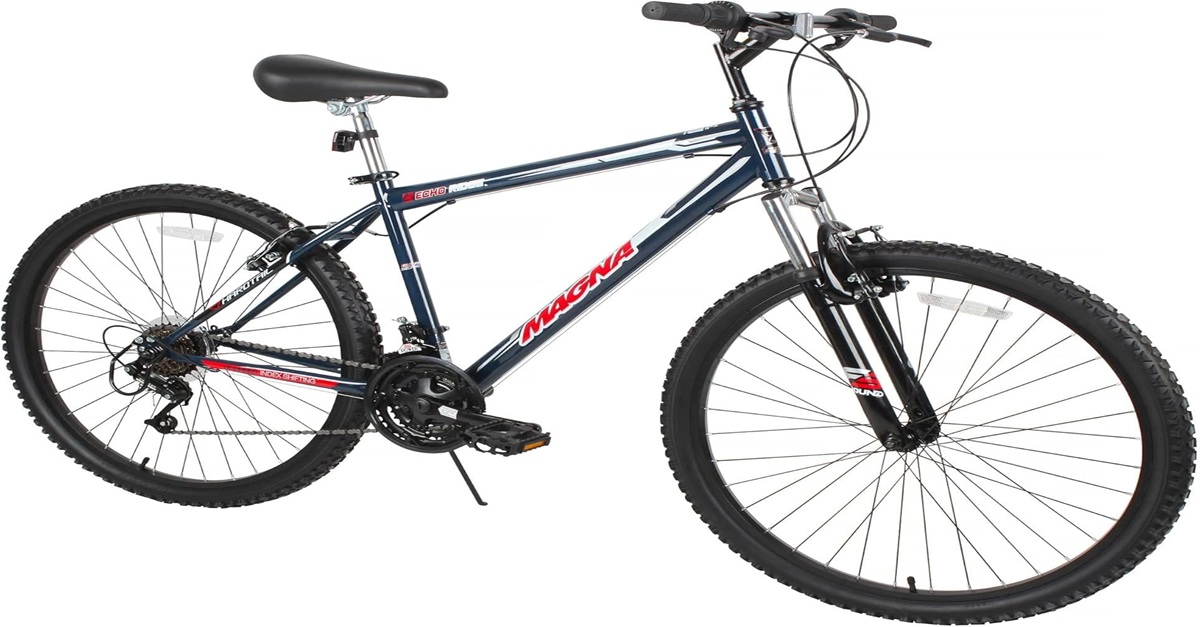 Dynacraft Magna Echo Ridge Mountain Bike with 26-inch wheels, front suspension, and durable steel frame for rugged off-road rides in the USA.