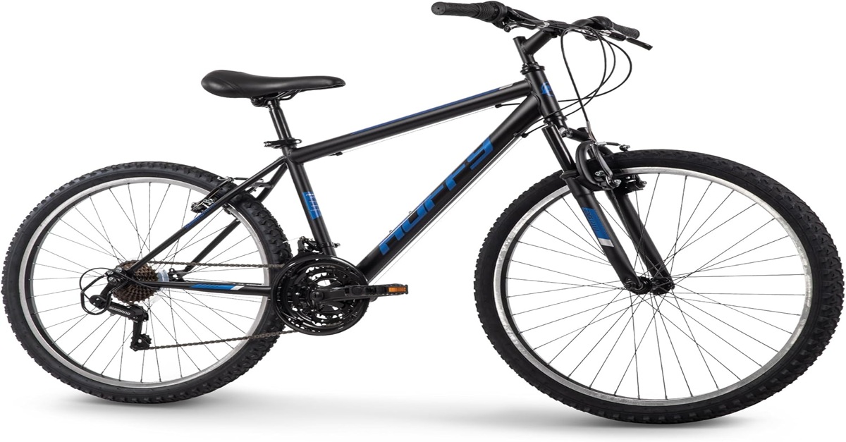 Huffy Stone Mountain Hardtail Mountain Bike with matte black frame and front suspension, ideal for trails and daily rides in the USA.