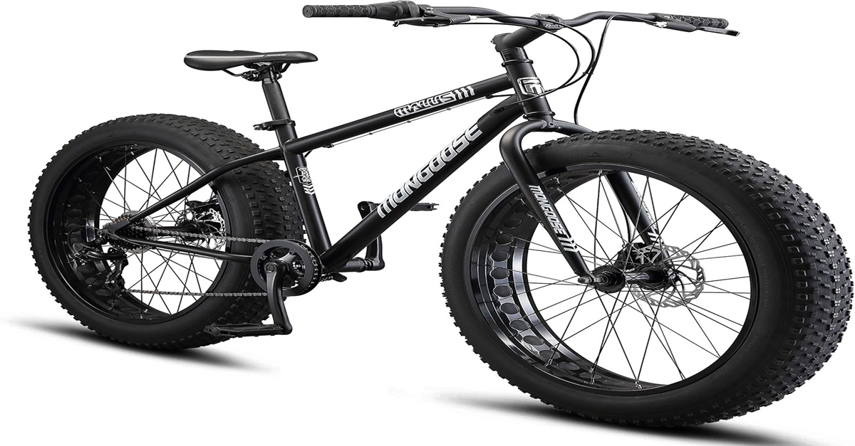 Mongoose Malus fat tire mountain bike with 26-inch wheels and durable steel frame for men and women.