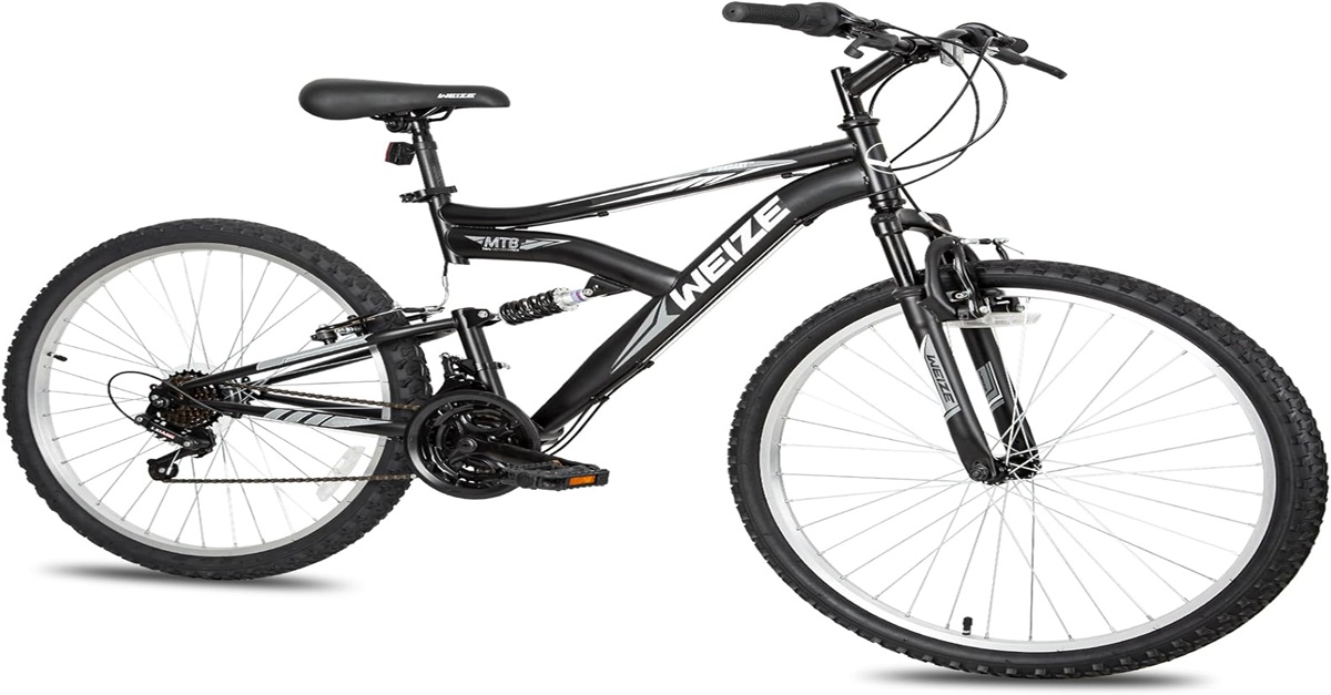 WEIZE Mountain Bike with dual suspension, 18-speed twist shifters, and 26-inch all-terrain tires for outdoor cycling in the USA.